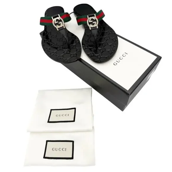 Gucci Interlocking GG Thong Sandal Black Leather Flat Flip Flop Slide EU 39 US 9 - Picture 14 of 14